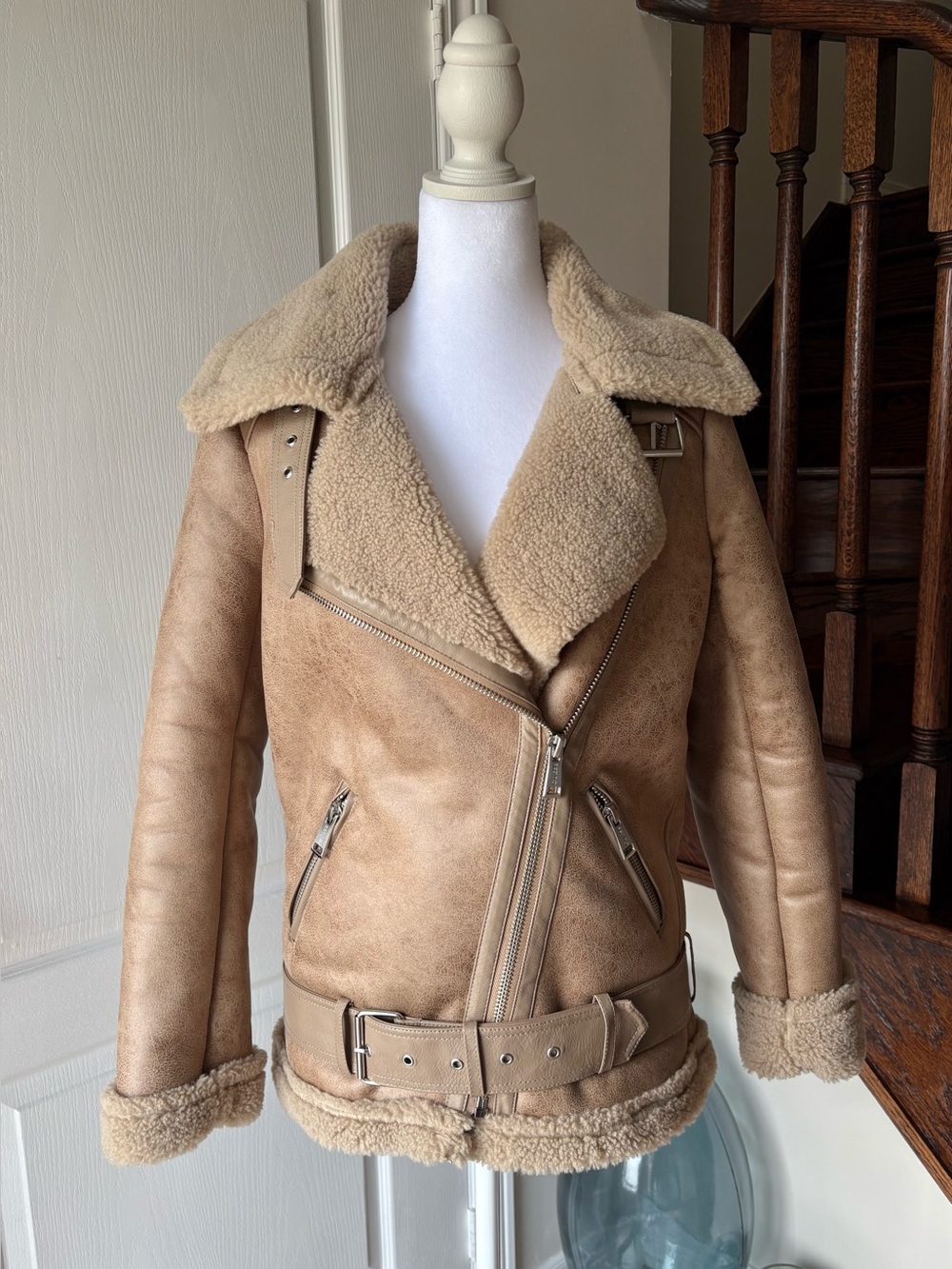 GUESS Tan Faux Shearling Biker Coat